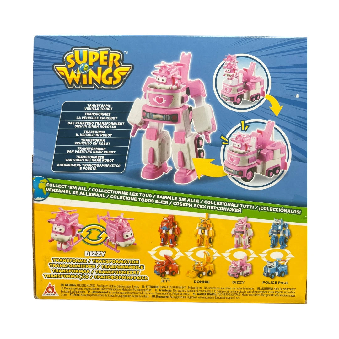 Super Wings – Dizzy Rescue Tow – Véhicule transformable Robot 18 cm + Figurine