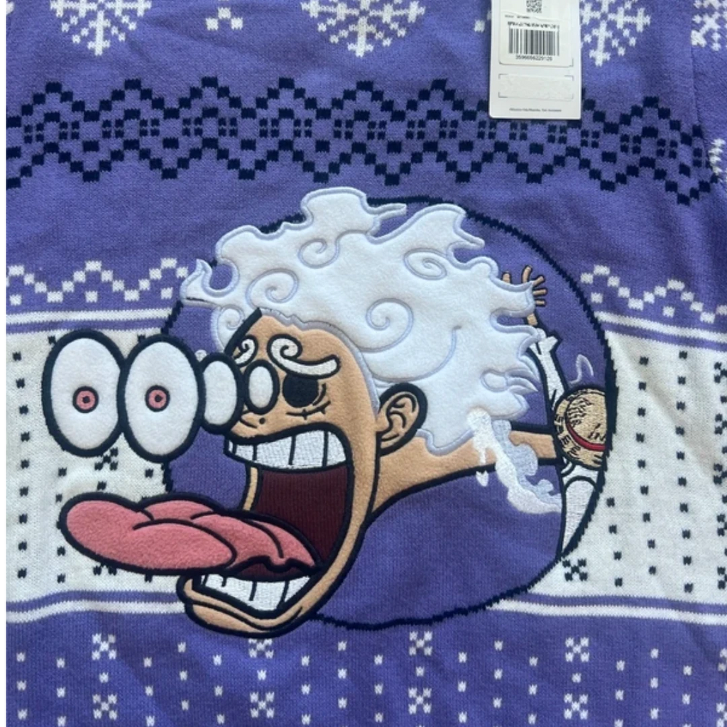One Piece x Celio - Pull de Noël Luffy mauve et blanc