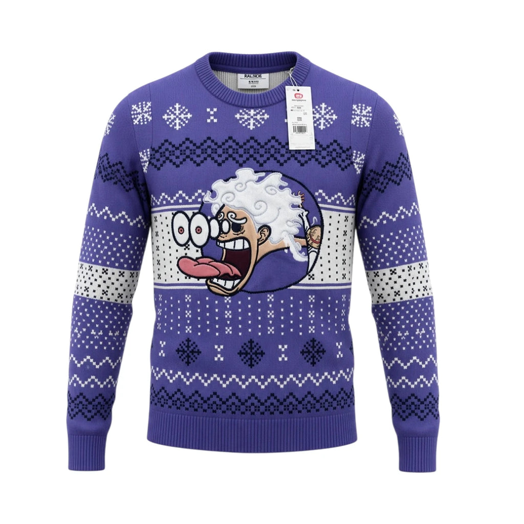 One Piece x Celio - Pull de Noël Luffy mauve et blanc